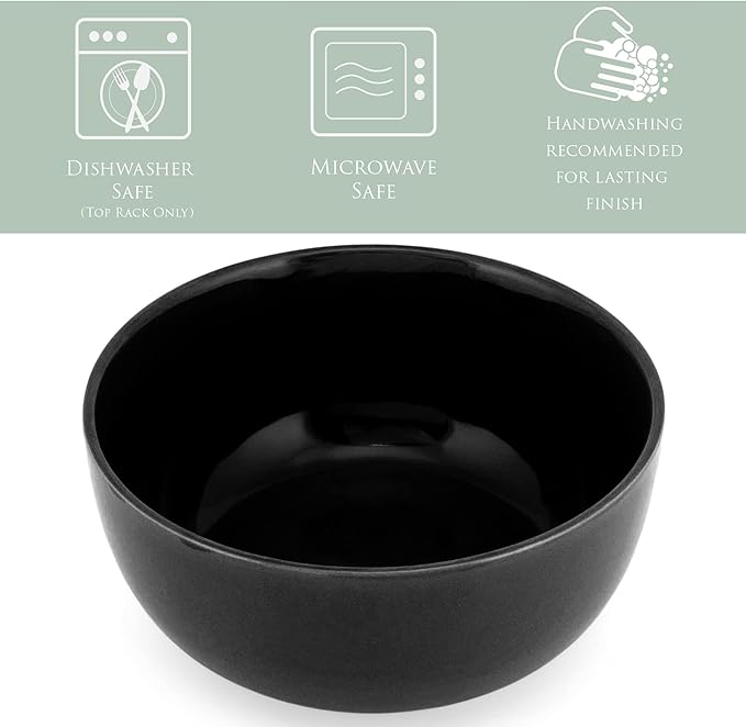 Elanze Designs Bistro Glossy Ceramic 7 inch Dinnerware Bowls Set of 4 - Perfect for Everyday uses from Pasta to Salad, Cereal to Ice cream, Ramen to Pho, Black