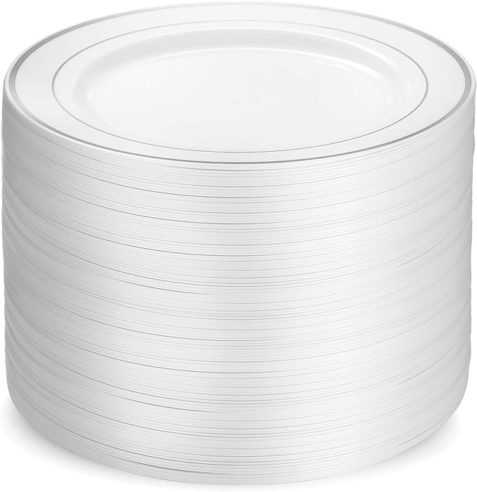 Munfix 100 Silver Plastic Dinner Plates Set, 10.25 Inch Disposable Heavy Duty Fancy Elegant Wedding Party Plates, White with Silver Rim