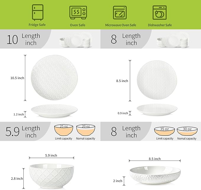 Sureasy 32 Pieces Dinnerware Sets for 8, Ceramic Plates and Bowls Sets, Embossed Scratch Resistant Dinner Set, Dishwasher & Microwave Safe, White