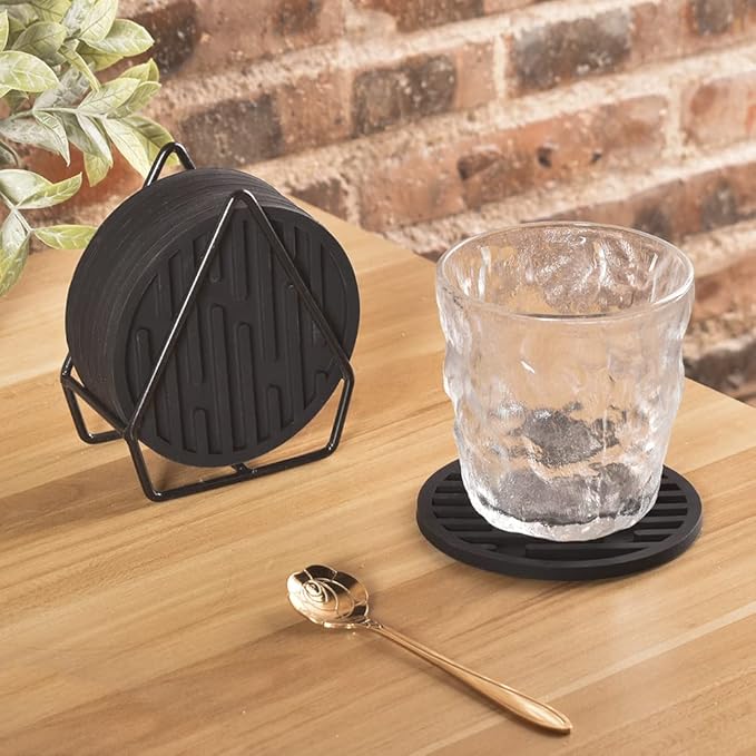 Silicone Coasters for Drinks, Coasters with Grooved Design, Durable Coasters for Table Top Protection, Anti Slip, Non- Stick, Pack of 9 with Metal Holder