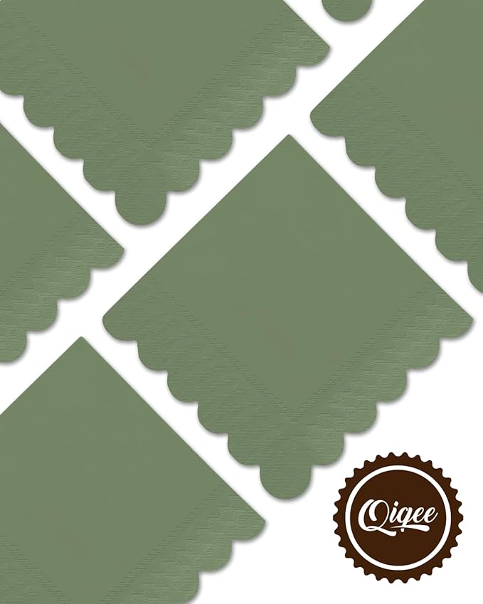 qiqee Grayish Pea Green Cocktail Dinner Napkins 5x5inch Disposable Beverage,Wedding, Birthday Party Dessert Wave Paper Napkins(120 Count)