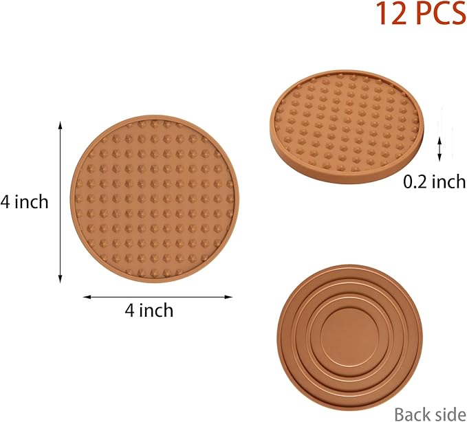 Set of 12 Silicone Coasters, 4'' Drink Coaster with Holder, Round Coasters for Drinks Beer Coffee Home Office Bar Desk Tabletop Protection, Non-Slip Rubber Coaster (Tawny, 12 Pcs-Plastic Holder)