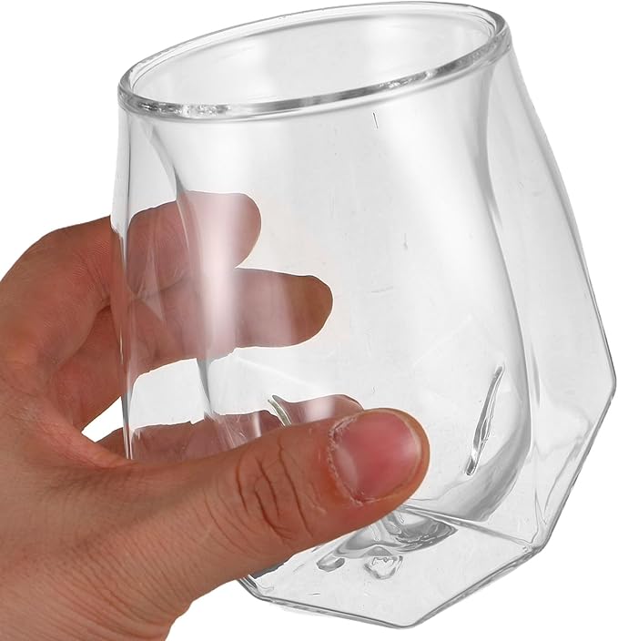 Double Layer Insulated Whiskey Glass with Unique Pentagonal Base, Small European Style Ribbed Glassware for Home Bars and Friendsgiving Cocktails