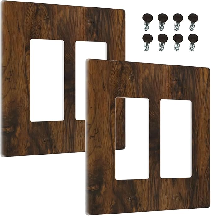 Outlet Covers Brown Rustic Wood Grain Vintage Wooden Texture 2 Gang Light Switch Cover Double Rocker Wall Plate Decorative GFCI Receptacle Electrical Switchplate for Cabin Bedroom Decor（2 Pack）