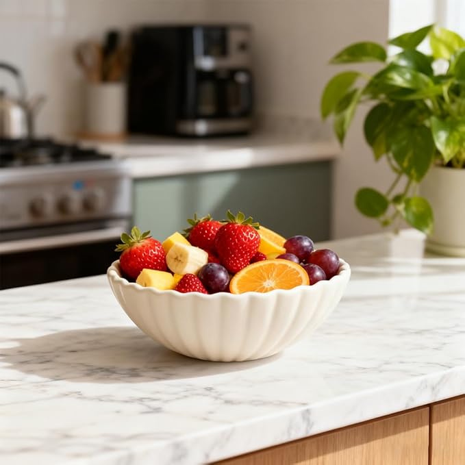 Large White Fluted Decorative Bowl – Modern Ruffle Bowl for Living Room, Kitchen, Entryway & Coffee Table Décor | Functional Decorative Bowl for Keys, Fruit, Storage for Home