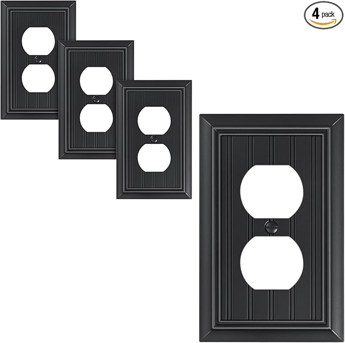 4-Pack Classic Beadboard Duplex Outlet Cover Plate, Decorative Matte Black Switch Plates and Outlet Covers, Natural Bamboo Fiber Wall Plates for Electrical Outlets, 1 Gang Receptacle Cover