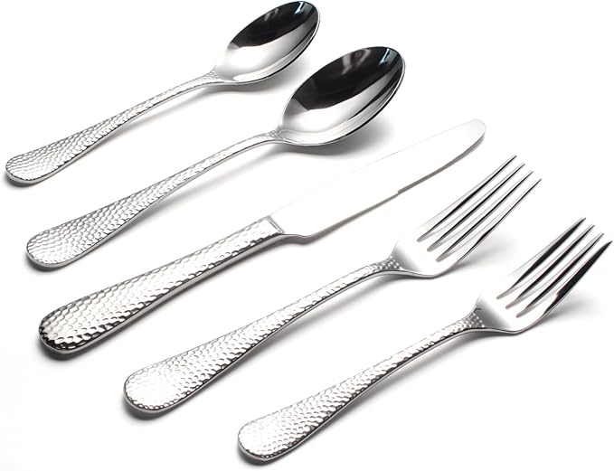 20-Piece Forged Hammered Stainless Steel Flatware Cutlery Set for 4, SXY INOX Shape of Water Drop Includes Dinner Knives/Forks/Spoons,Tea Spoons, Salad Forks, Mirror Polished - Dishwasher Safe