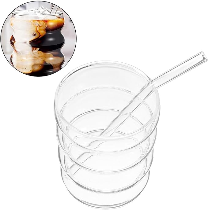 Glass Cup and Straw Set 300ml Ribbed Single-layer Glass Cups with Straws and Cleaning Brush, Juice Container and Coffee Glassware for Home Kitchen Dining, 9pcs Drinkware Set
