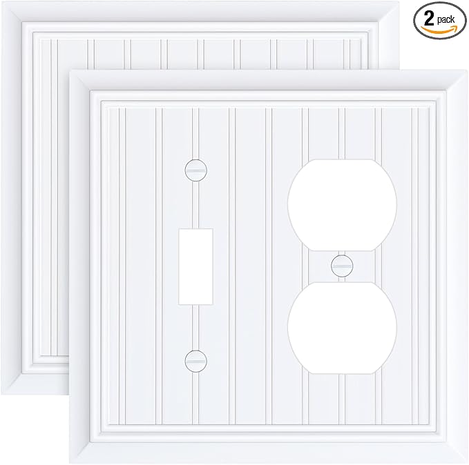 2-Pack Classic Beadboard Combo Toggle/Duplex Light Switch Cover Plate, Pure White Outlet Cover Plate, Natural Bamboo Fiber Decorative Wall Receptacle Cover for Electrical Outlets, Light Switch