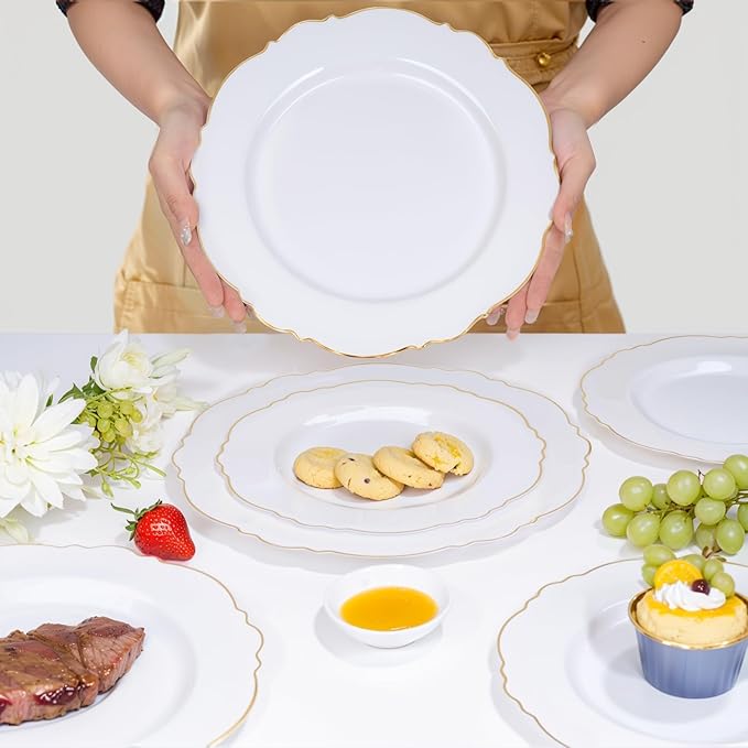 WDF 30Guest Gold Plastic Plates - High-end Baroque Design - 10.25&7.5in Wedding White and Gold Plates Disposable for Parties/Wedding/Valentine's Day