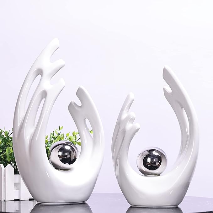 12" H White Silver Aesthetic Room Decor Accent, TV Stand Funky Table Centerpiece, Abstract Art Ceramic Statue and Sculpture, Silver Decor for Living Room, Bookshelf Decorative Objects, Shelf Decor