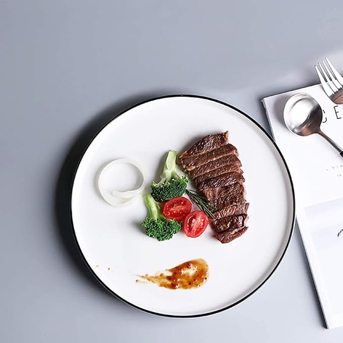 BonNoces 8 Inch Porcelain Lunch Plates, White with Black Edges Dessert Plate, Classic Round Serving Plate for Steak, Pasta and Salad, Set of 6