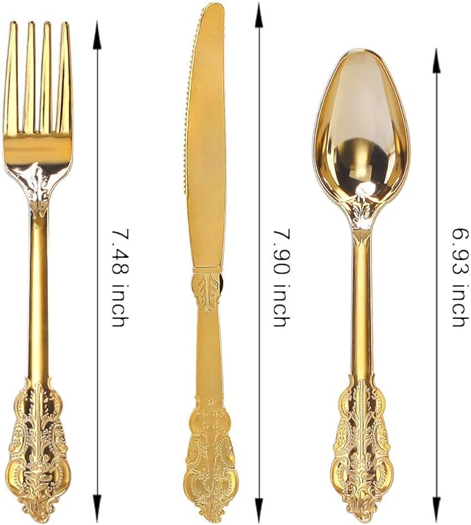 WDF 300 Pieces Gold Plastic Silverware Disposable - Heavy Duty Plastic Cutlery - Gold Silverware Sets Includes 100 Forks, 100 Spoons, 100 Knives for Valentine's Day