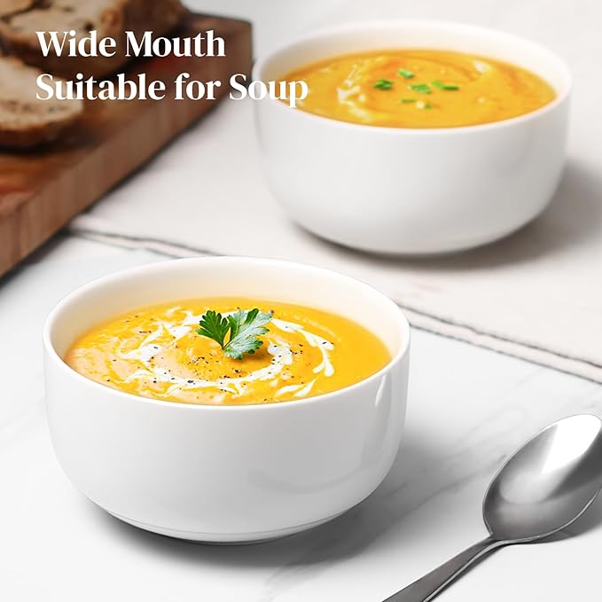DOWAN White Ceramic Bowls Set of 6, 22 oz Ceramic Cereal Bowls, Everyday Cereal, Soup & Rice Bowls, Stackable Stoneware for Modern Kitchens, Dishwasher & Microwave Safe Bowl
