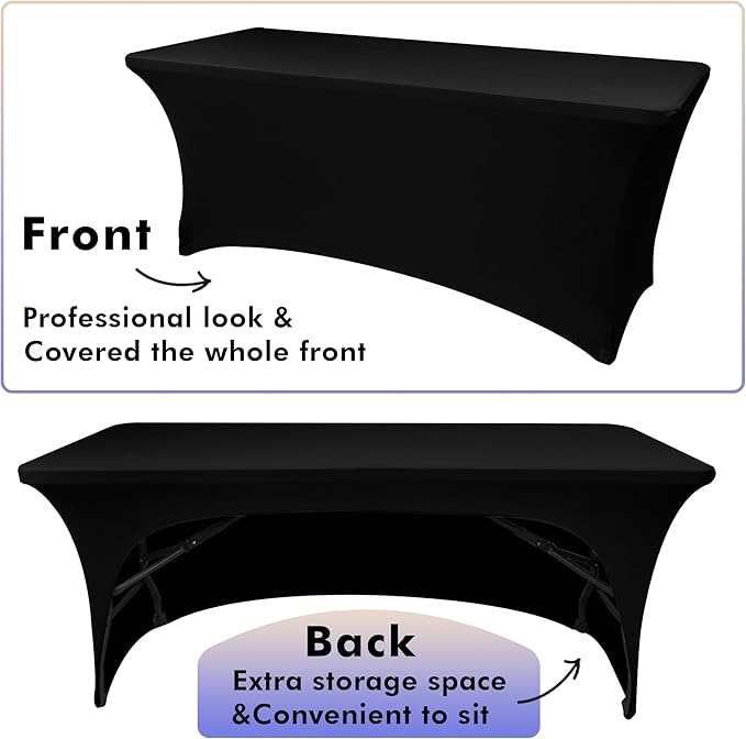 Nasitos 4 Pack Fitted Black Table Cloth 6 Foot-Open Back Spandex Table Covers 6ft Rectangle Table, Washable and Wrinkle Resistant Stretch Trade Show Table Cover for Patio, Parties, Banquet, Festival