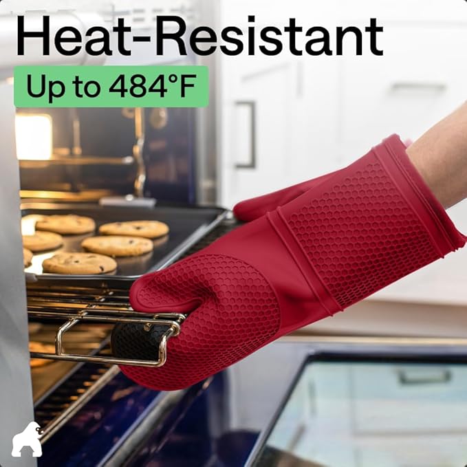 GORILLA GRIP BPA-Free Soft Silicone Oven Mitts, Heat Resistant and Waterproof Cooking Gloves, Thick Cotton Lining, Flexible Gripping Kitchen Potholders Set of 2, Christmas Kitchen Decor, 12.5x8.3, Red