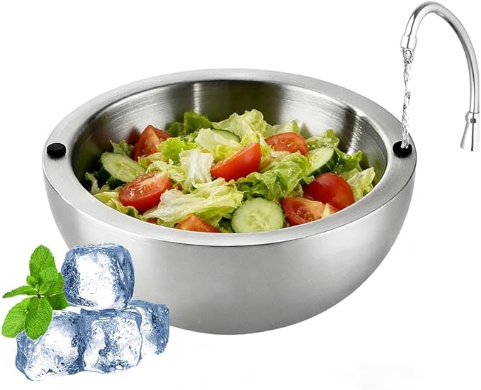 304 Stainless Steel Insulated Salad & Dipping Bowl, Two Hot/Cold Water Inlets to Keep Food Hot or Cold Suitable for Picnics, Salad Making and Dipping (35 oz)
