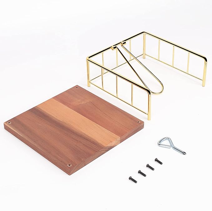 Livabber Flat Napkin Holder, Metal Kitchen Napkin Storage with Weighted Tension Arm Rustic Tissue Paper Dispenser for Countertop, Table Kitchen, Dining Room (With Wooden Base, Gold)