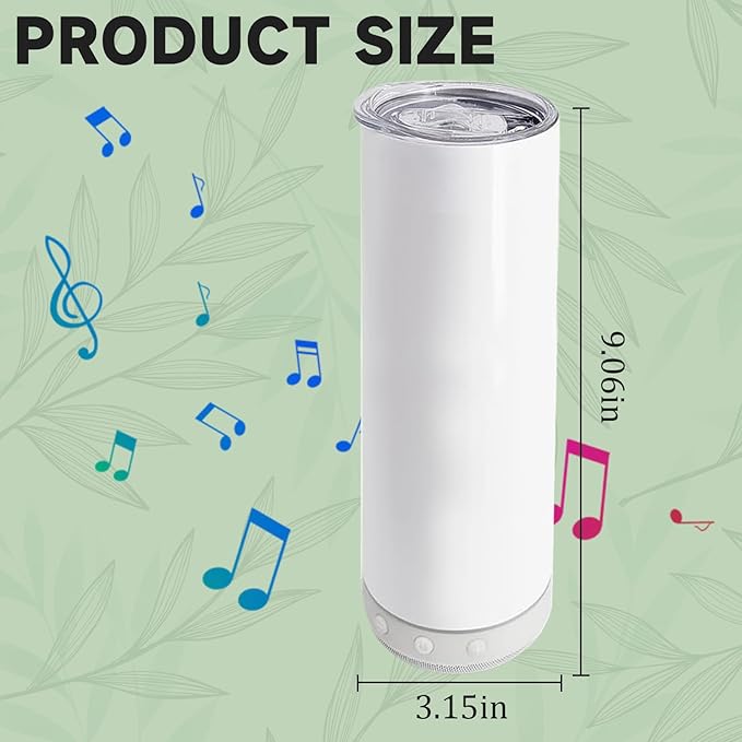 20oz-12pack Luminous Green Bluetooth music Sublimation Tumbler Blank with Straw, Slider Lid, Double-Wall Stainless Steel Vacuum Insulation, Removable Rechargeable Wireless Speaker
