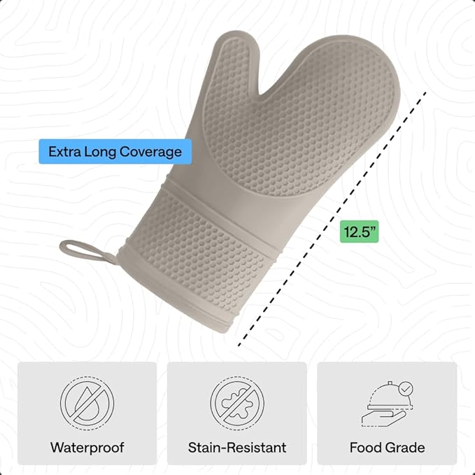GORILLA GRIP BPA-Free Soft Silicone Oven Mitts, Heat Resistant and Waterproof Cooking Gloves, Thick Cotton Lining, Flexible Gripping for Baking Grilling, Kitchen Potholders Set of 2, 12.5x8.3, Almond