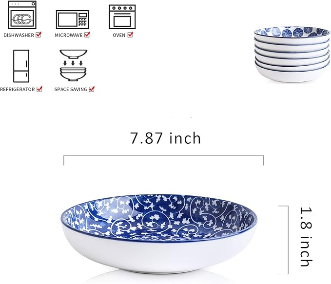 Selamica Porcelain Salad Pasta Bowls, Serving bowls, Microwave & Dishwasher Safe, Sturdy & Stackable - 26 Ounce, Set of 6, Vintage Blue