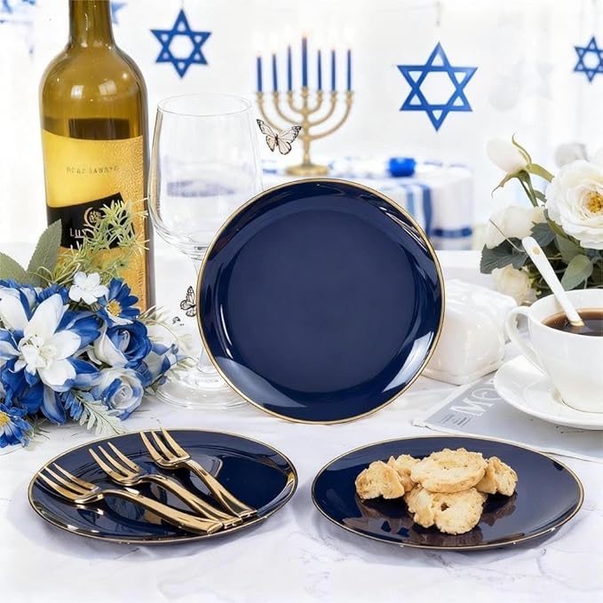 Festiva 400Pcs Navy Blue Gold Dessert Plates 6.3" with Forks 5"- 200PCS Small Disposable Dessert/Cake/Appetizer Plates and 200PCS Forks - Serve 200 Guests for Hanukkah Party&Birthday &New Year