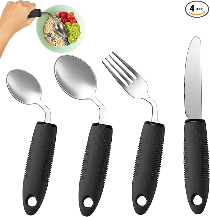 4-Piece Adaptive Utensils Set - 42° Angled Parkinsons Utensils, 2.5 oz Weighted Utensils for Tremors and Parkinsons Patients, Easy Grip Weighted Silverware for Hand Tremors (Right-Handed)