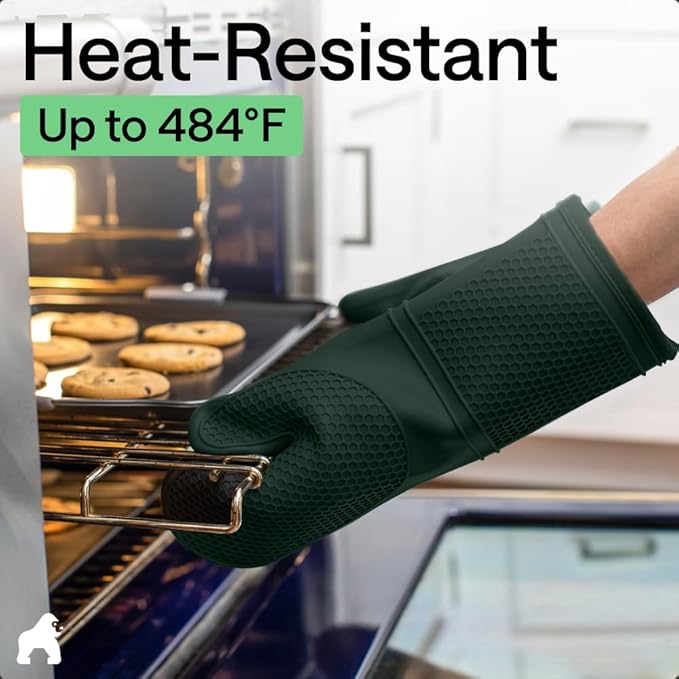 GORILLA GRIP BPA-Free Soft Silicone Oven Mitts, Heat Resistant and Waterproof Cooking Gloves, Thick Cotton Lining, Flexible Gripping for Baking Grilling, Kitchen Potholders Set, 12.5x8.3, Hunter Green