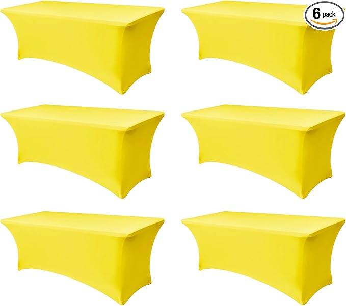 Spandex Table Cloths for 8 Foot Rectangle Tables-6 Pack Fitted Stretch Yellow Table Covers-Elastic Folding Tablecloths for Party, Vendor Booth Display, Banquet Buffet Event, Craft Trade Show