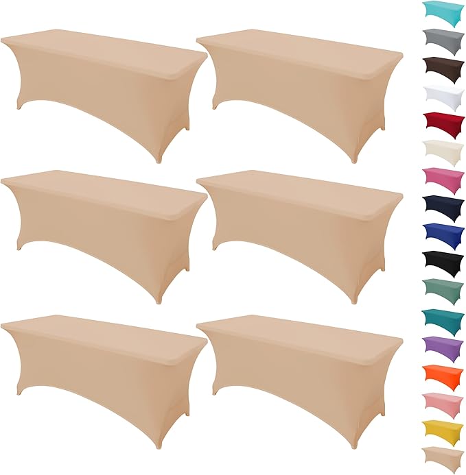 6Pack 8FT Table Cloth for Rectangular Fitted Events Stretch Champagne Table Covers Washable Spandex Tablecloth Protector for Party, Wedding, Cocktail, Banquet, Festival