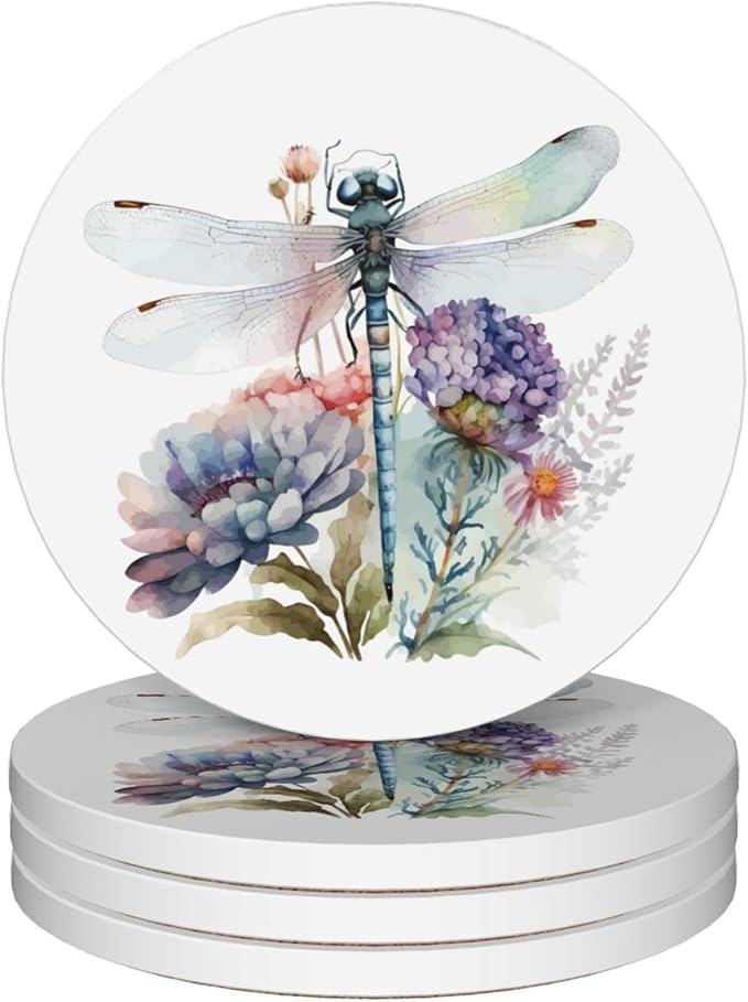 Drinks Coasters Set of 4, Dragonfly Wildflower Round 4" Cup Coasters, Absorbent Ceramic Stone Coasters with Cork Base, Cute Coasters for Table Home Décor, Ideal Gifts for Women Men