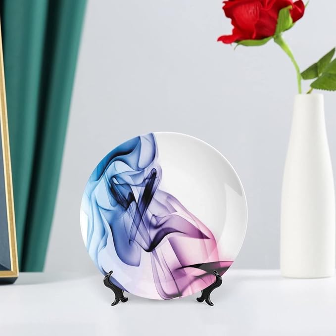 Decorative Plates, Abstract Decor Print Ornament, Colorful Smoke Dynamic Flow Swirl Contemporary, 7 Inch, 1 Plate with 1 Display Stand, Fuchsia Blue