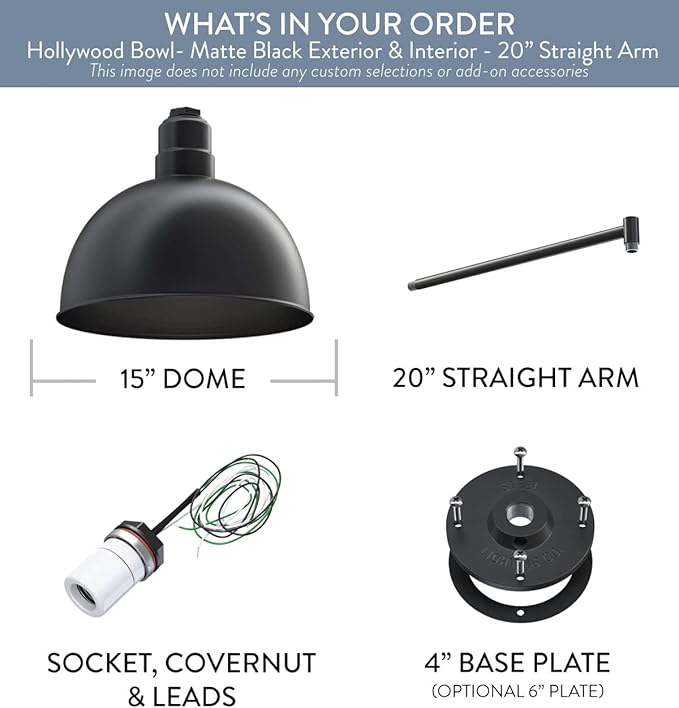 Steel Lighting Co. Hollywood Bowl Light | Outdoor Wall Mounted | 15 inch Bowl Dome | 20 inch Straight Arm | Barn Light Made in America | Matte Black Exterior/Matte Black Interior