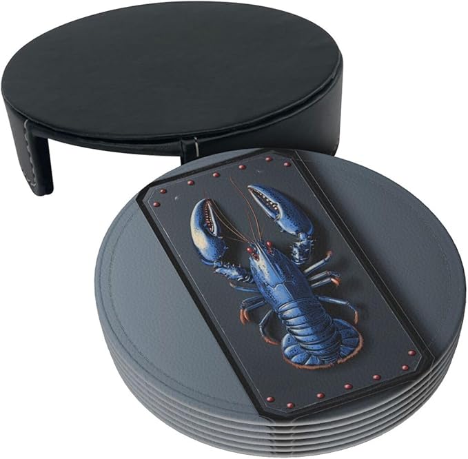 Lobster Printed Leather Coasters for Drinks, Set of 6 Drink Coaster Dining Room Decor Cup Coasters