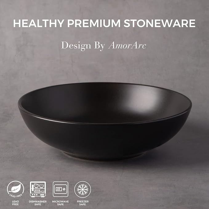 AmorArc 8.75‘’ Large Pasta Bowls, 42 ounce Deep Stoneware Bowls Set of 6 for Kitchen, Wide Bowl for Pasta/Salad/Fruit/Oatmeal/Soup, Microwave&Dishwasher Safe-Matte Black