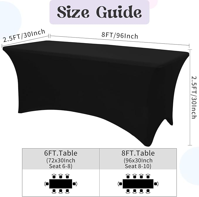 HAISIWLKJ 6 Pack Table Cloth 8ft Black Tablecloths for Rectangle Folding Table Spandex Fitted Stretch Cover Wrinkle Resistant Washable Protector for Party, Wedding, Banquet, Festival.