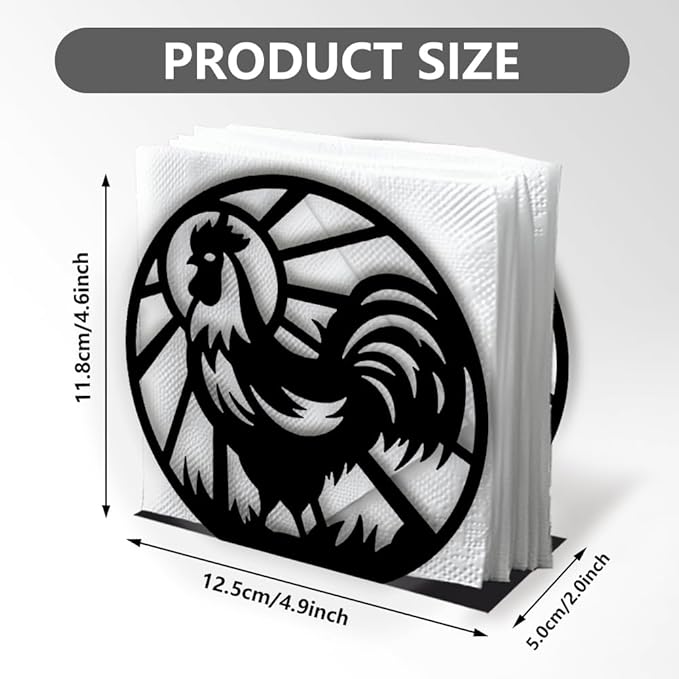 Chicken Decorative Black Metal Napkin Holder for Table, 4.9" x 4.6" x 2" Rooster Farm Animal Standing Napkin Holder for Home Kitchen Restaurant Picnic Party Coffee Bar Dining Room