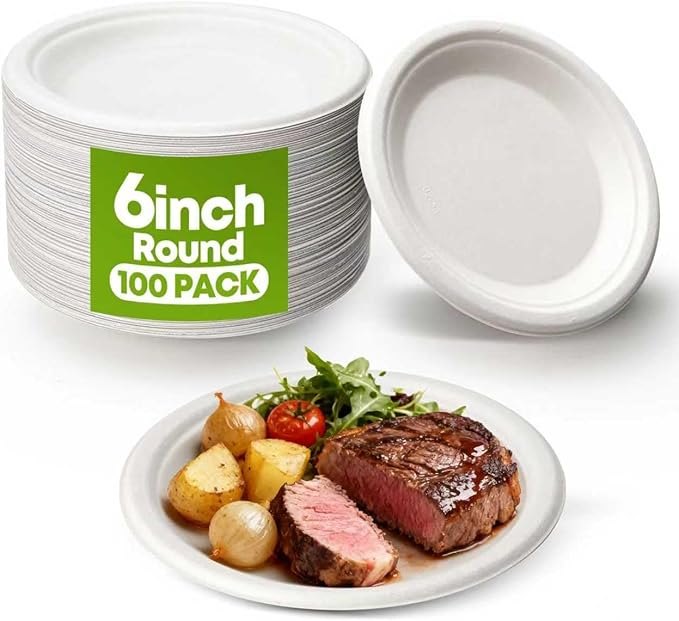 W&Y 100 Pack 6 Inch Disposable Small Paper Plates,Heavy Duty Dessert Plates - Compostable, Microwave-Safe, Leak-Proof, Ideal for Parties, Picnics & Daily Use