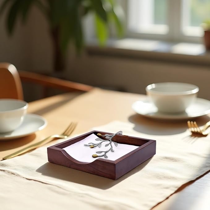 Napkin Holder - Solid Wood Brown Finish Home Decor & Kitchen Decor Table Countertop Serviette & Tissue Holder with Metal Ornament Arm in Silver Gold Finish - Indoor and Outdoor Use - Leaves Design