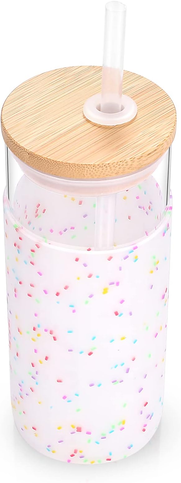Tronco 20 oz Glass Tumbler with Lid and Straw, Iced Coffee Cup and Smoothie Cup with Bamboo Lids & Protective Silicone Sleeve, Dishwasher Safe, BPA-Free, Glass Cup 2 Pack