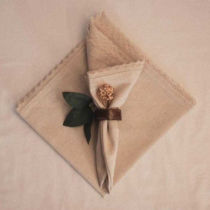 FINGERCRAFT Dinner Cloth Napkin Cotton Linen 4 Pack Vintage Rustic Premium Quality Mitered Corners Napkin Cloth with Elegant Lace for Everyday Use, Pre Shrunk and Good Absorbency 20x20 in Ivory