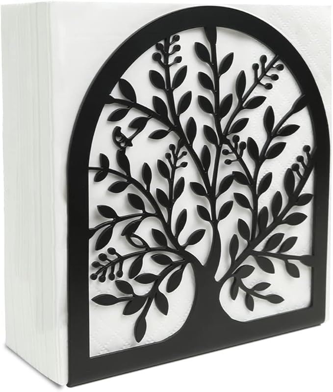 Napkin Holder for Tables, Vintage Metal Freestanding Tissue Dispenser, Black Cast Iron Vertical Tabletop Paper Napkin Holder Stand for Dinner Home Kitchen Restaurant Picnic Party (Tree of Life)
