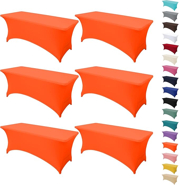 6Pack 6FT Table Cloth for Rectangular Fitted Events Stretch Orange Table Covers Washable Spandex Tablecloth Protector for Party, Wedding, Cocktail, Banquet, Festival