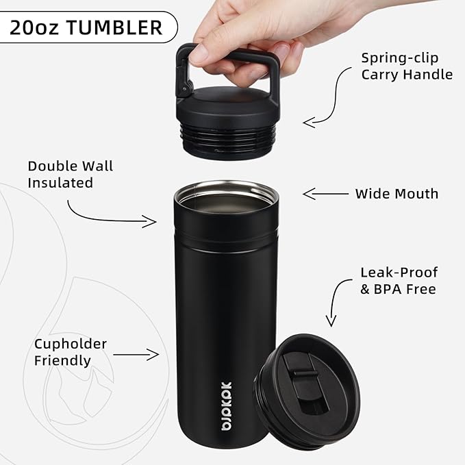 BJPKPK Insulated Water Bottle with 2 Lids,20 oz Double Wall Stainless Steel Vacuum Tumbler Travel Coffee Mug,Wide Mouth Thermal Cup,Black