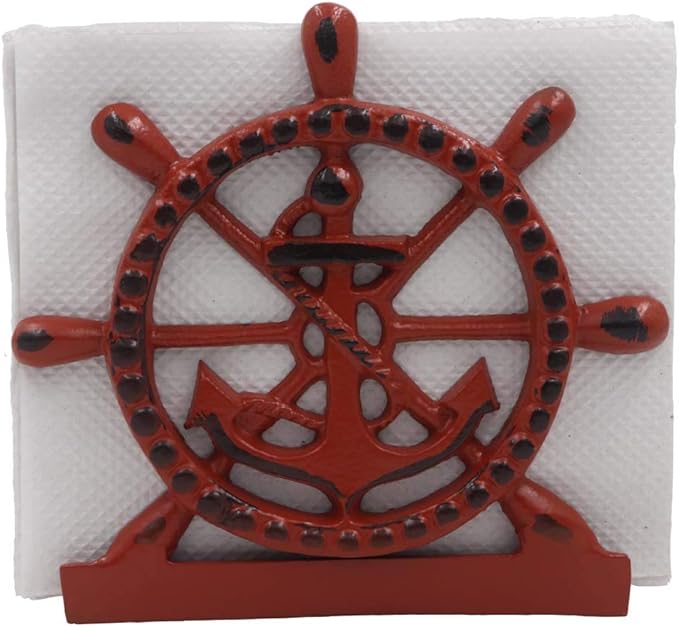THDC Nautical Napkin Holder, Lunch, Dinner, Nautical Collection Napkin Holder, Made of Metal (Anchor Distressed Red)