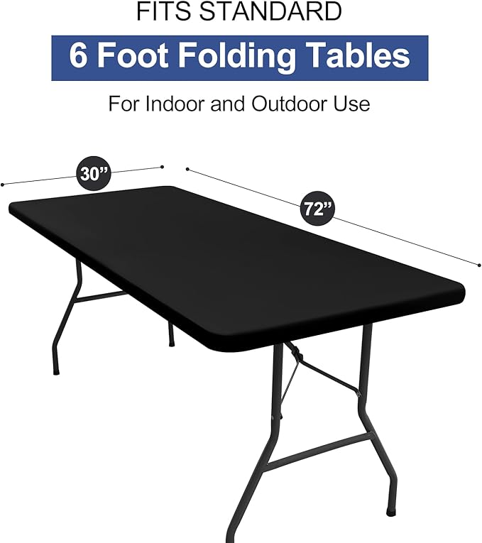 homing 2 Pack Rectangle Table Cloth, Elastic Fitted Fabric Tablecloth Fits for 6 Foot Folding Tables, Washable Table Cover for Picnic, Camping, Indoor & Outdoor (Black, 30" x 72")