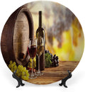 Decorative Plates, Wine Print Ornament, Red and White Wine Bottle Glass on Wooden, 6 Inch, 1 Plate with 1 Display Stand, Brown Light Green Yellow