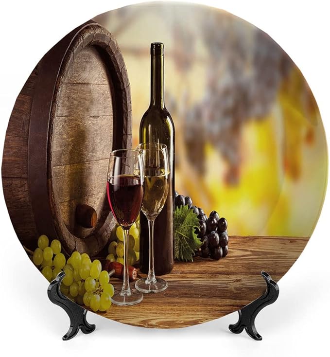 Ceramic Plates, Wine Decorative Ceramic Plates, Red and White Wine Bottle Glass on Wooden, 7 Inch, for Dining, Parties, Wedding, Brown Light Green Yellow