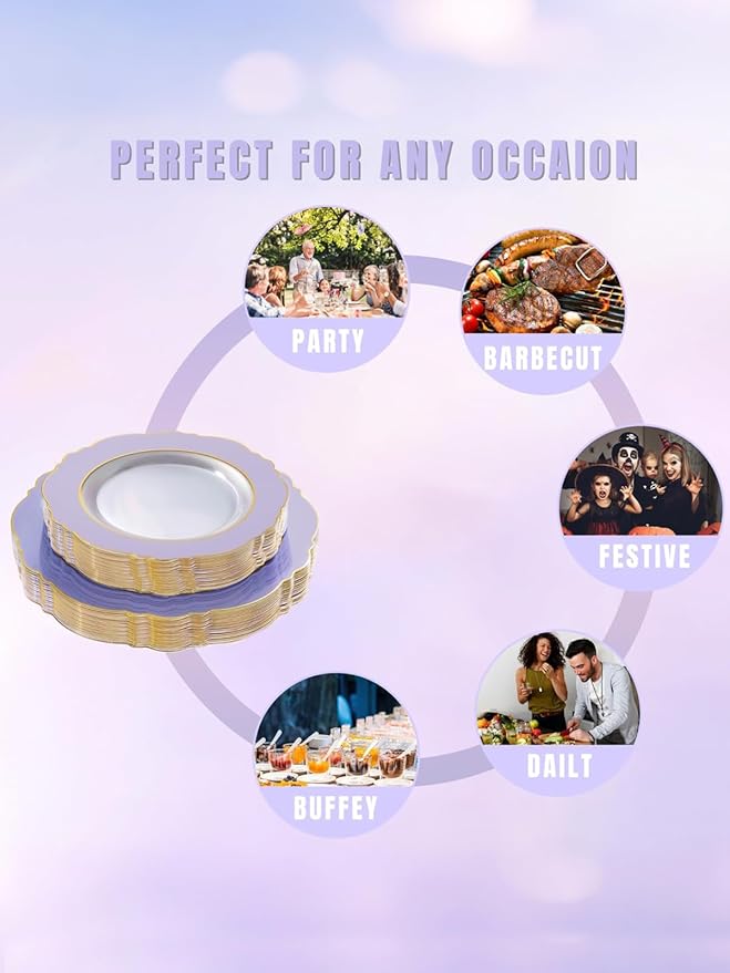 WDF 60pcs Clear Purple Plates Disposable with Gold Rim - Baroque Lavender Purple Plastic Plates for Party/Wedding/Spring Picnic