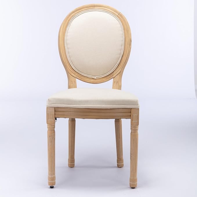 Ball & Cast French Vintage Upholstered Dining Chairs Set of 2, Farmhouse Antique Painting Wooden Kitchen Side-Chairs with Carved Solid Wood Frame, 2-Piece Curved Backrest Louis Chair, Linen Beige